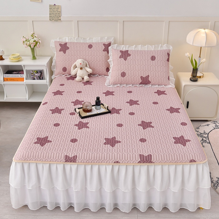 91家纺网 家纺一手货源 找家纺 民新家纺 2024新款凉感丝乳胶床裙凉席 小星星-豆沙