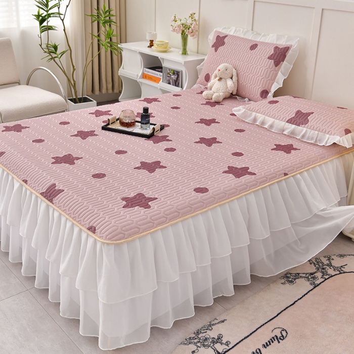 91家纺网 家纺一手货源 找家纺 民新家纺 2024新款凉感丝乳胶床裙凉席 小星星-豆沙