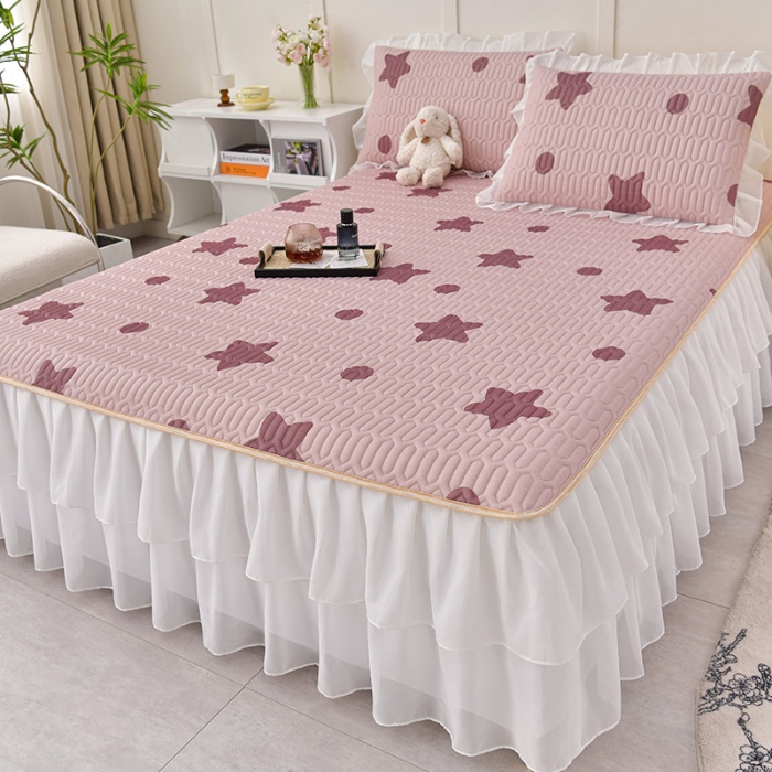 91家纺网 家纺一手货源 找家纺 民新家纺 2024新款凉感丝乳胶床裙凉席 小星星-豆沙