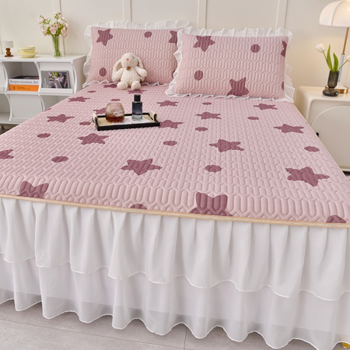 91家纺网 家纺一手货源 找家纺 民新家纺 2024新款凉感丝乳胶床裙凉席 小星星-豆沙