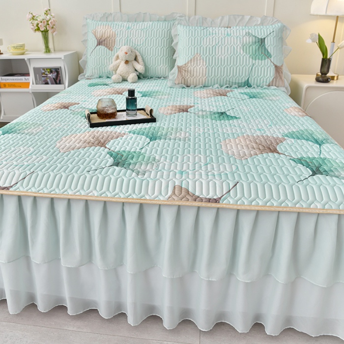 91家纺网 家纺一手货源 找家纺 民新家纺 2024新款凉感丝乳胶床裙凉席 银杏叶浅兰