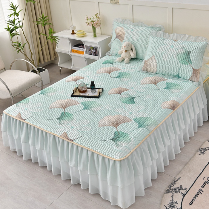 91家纺网 家纺一手货源 找家纺 民新家纺 2024新款凉感丝乳胶床裙凉席 银杏叶浅兰