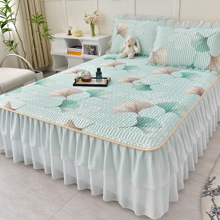 91家纺网 家纺一手货源 找家纺 民新家纺 2024新款凉感丝乳胶床裙凉席 银杏叶浅兰