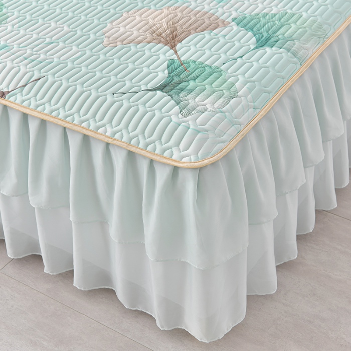 91家纺网 家纺一手货源 找家纺 民新家纺 2024新款凉感丝乳胶床裙凉席 银杏叶浅兰