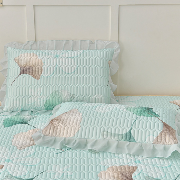 91家纺网 家纺一手货源 找家纺 民新家纺 2024新款凉感丝乳胶床裙凉席 银杏叶浅兰