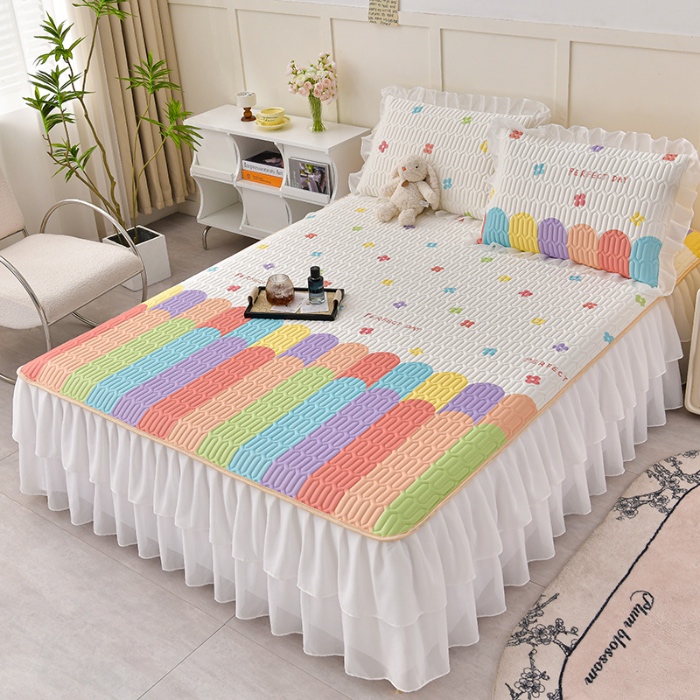 91家纺网 家纺一手货源 找家纺 民新家纺 2024新款凉感丝乳胶床裙凉席 雨后彩虹