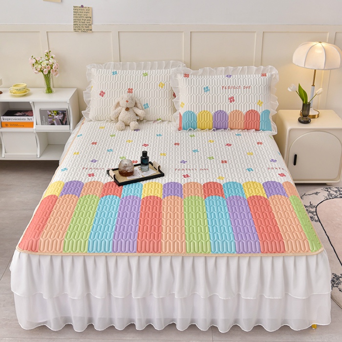 91家纺网 家纺一手货源 找家纺 民新家纺 2024新款凉感丝乳胶床裙凉席 雨后彩虹