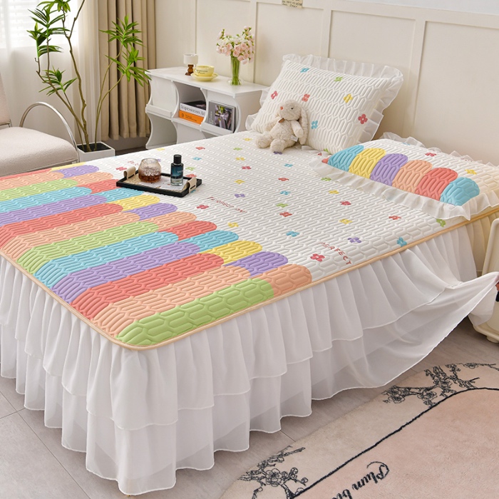 91家纺网 家纺一手货源 找家纺 民新家纺 2024新款凉感丝乳胶床裙凉席 雨后彩虹