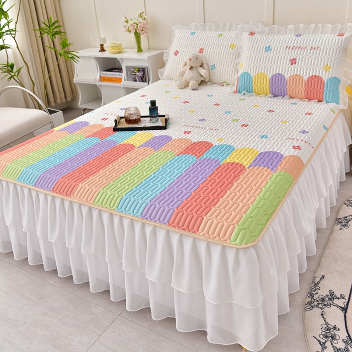 91家纺网 家纺一手货源 找家纺 民新家纺 2024新款凉感丝乳胶床裙凉席 雨后彩虹