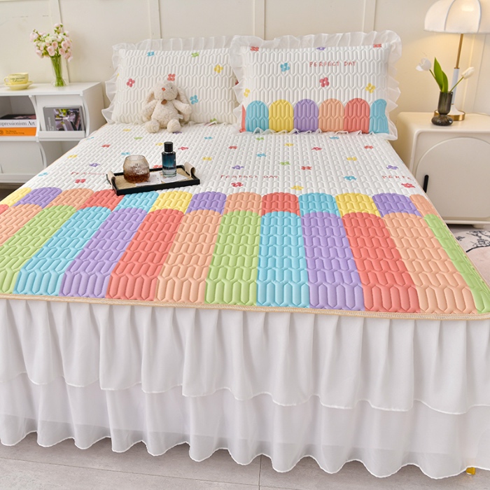 91家纺网 家纺一手货源 找家纺 民新家纺 2024新款凉感丝乳胶床裙凉席 雨后彩虹