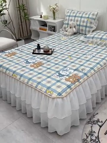 91家纺网 家纺一手货源 找家纺 民新家纺 2024新款凉感丝乳胶床裙凉席 格调兔-蓝