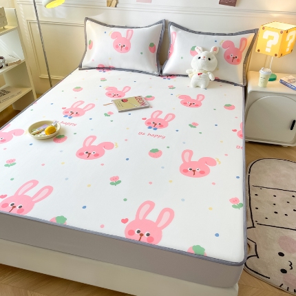 91家纺网 家纺一手货源 找家纺 九花鹿 2024新款A类碳光冰丝凉席床笠款三件套四件套 床笠款-爱心兔