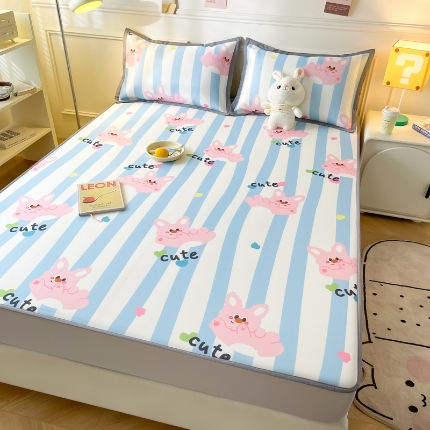 91家纺网 家纺一手货源 找家纺 九花鹿 2024新款A类碳光冰丝凉席床笠款三件套四件套 床笠款-快乐时光