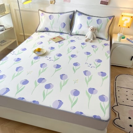 91家纺网 家纺一手货源 找家纺 九花鹿 2024新款A类碳光冰丝凉席床笠款三件套四件套 床笠款-紫色小花