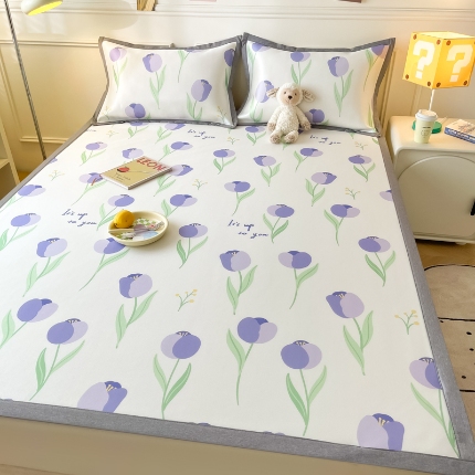 91家纺网 家纺一手货源 找家纺 九花鹿 2024新款A类碳光冰丝凉席三件套四件套紫色小花