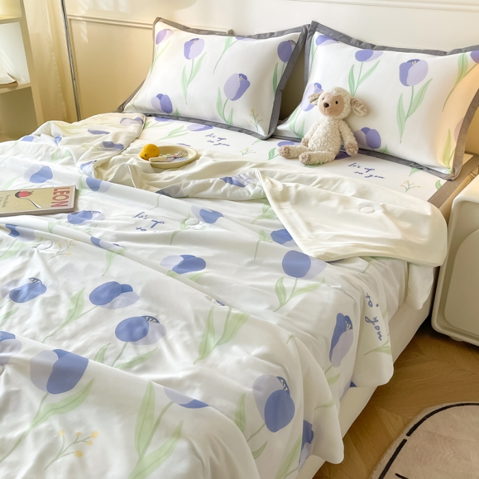 91家纺网 家纺一手货源 找家纺 九花鹿 2024新款A类碳光冰丝凉席三件套四件套紫色小花