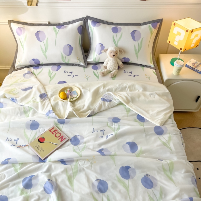 91家纺网 家纺一手货源 找家纺 九花鹿 2024新款A类碳光冰丝凉席三件套四件套紫色小花