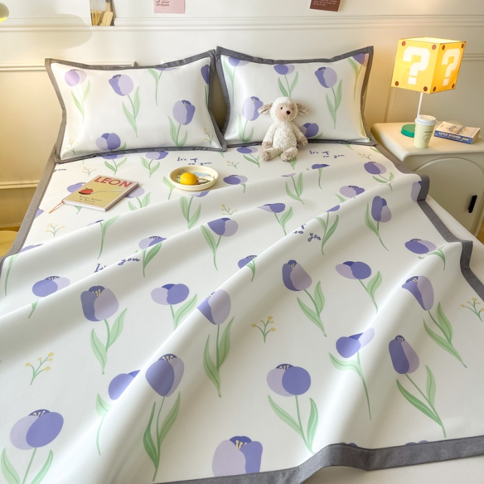 91家纺网 家纺一手货源 找家纺 九花鹿 2024新款A类碳光冰丝凉席三件套四件套紫色小花