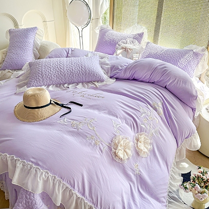 苏米娜2024韩版法式公主风水洗棉立体花绣花床盖款四件套蕾丝床盖款三件套