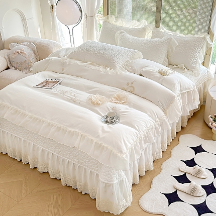 91家纺网 家纺一手货源 找家纺 苏米娜2024韩版法式公主风水洗棉立体花绣花床盖款夏被四件套蕾丝水洗棉纯棉全棉夏被四件套