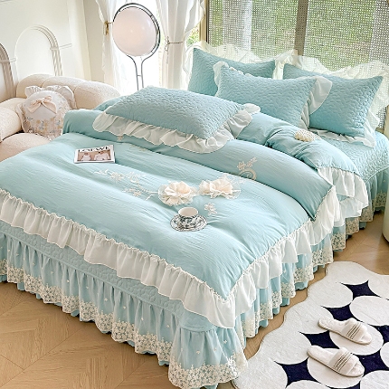 91家纺网 家纺一手货源 找家纺 苏米娜2024韩版法式公主风水洗棉立体花绣花床盖款夏被四件套蕾丝水洗棉纯棉全棉夏被四件套