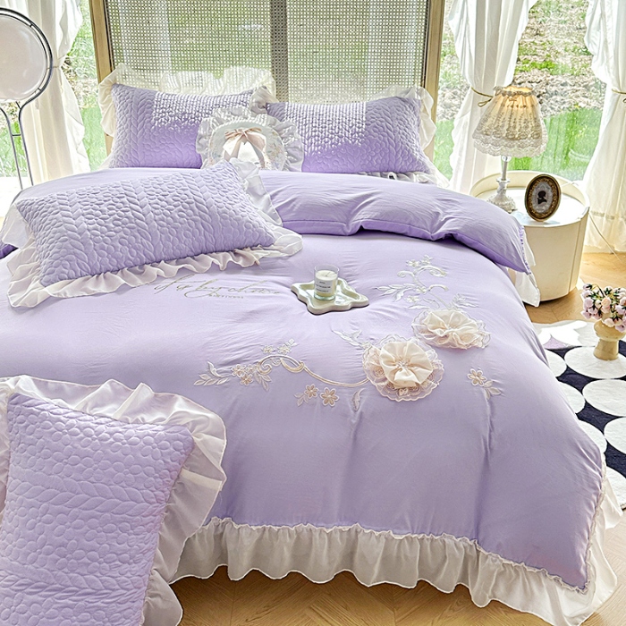 91家纺网 家纺一手货源 找家纺 苏米娜2024韩版法式公主风水洗棉立体花绣花床盖款夏被四件套蕾丝水洗棉纯棉全棉夏被四件套