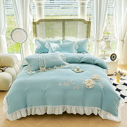 91家纺网 家纺一手货源 找家纺 韩版花边公主风甜美少女心水洗棉床盖款四件套泡泡棉双层纱棉麻小竺棉纯棉全棉夏被床盖四件套小竺棉纯棉全棉夏被床盖四件套 