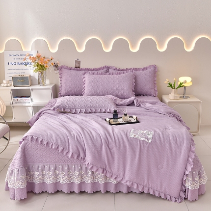 91家纺网 家纺一手货源 找家纺 三友家纺 纯色有氧提花水洗泡泡棉麻床盖四件套 爱恋（被套款 夏被款）爱恋-浅紫