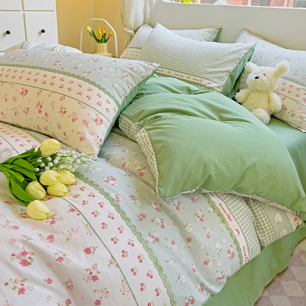 91家纺网 家纺一手货源 找家纺 优选良品 2025新款直播爆款母婴级水洗皱皱棉四件套小碎花被套床笠款三件套海岛清茶