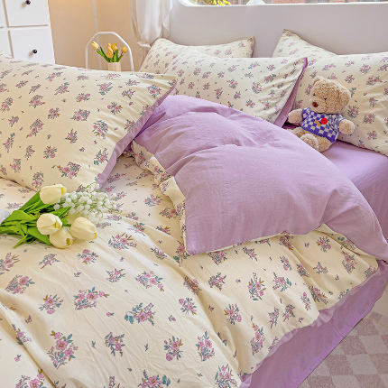 91家纺网 家纺一手货源 找家纺 优选良品 2025新款直播爆款母婴级水洗皱皱棉四件套小碎花被套床笠款三件套 晚风