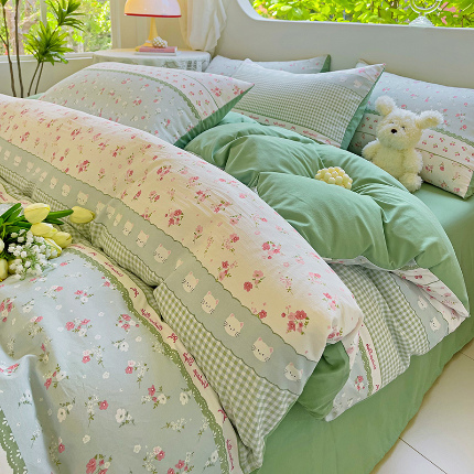 优选良品 2025新款直播爆款母婴级水洗皱皱棉四件套小碎花被套床笠款三件套海岛清茶