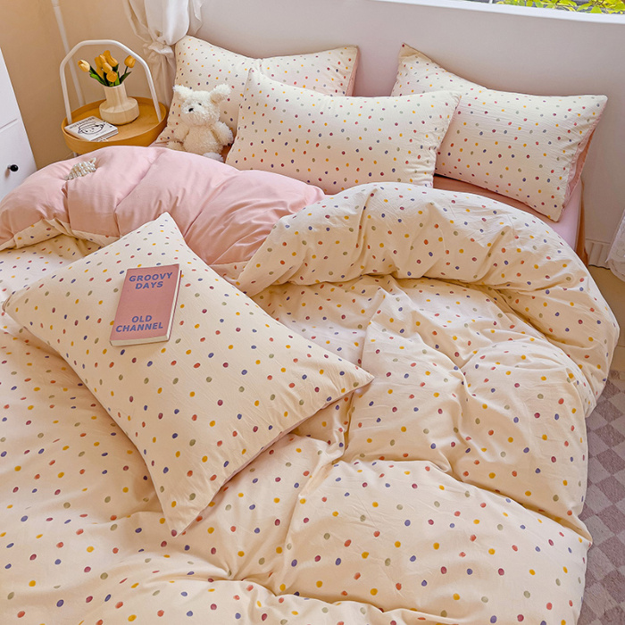 91家纺网 家纺一手货源 找家纺 优选良品 2025新款直播爆款母婴级水洗皱皱棉四件套小碎花被套床笠款三件套芝士奶盖