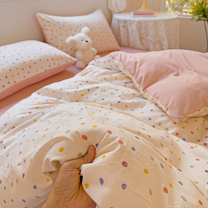 91家纺网 家纺一手货源 找家纺 优选良品 2025新款直播爆款母婴级水洗皱皱棉四件套小碎花被套床笠款三件套芝士奶盖