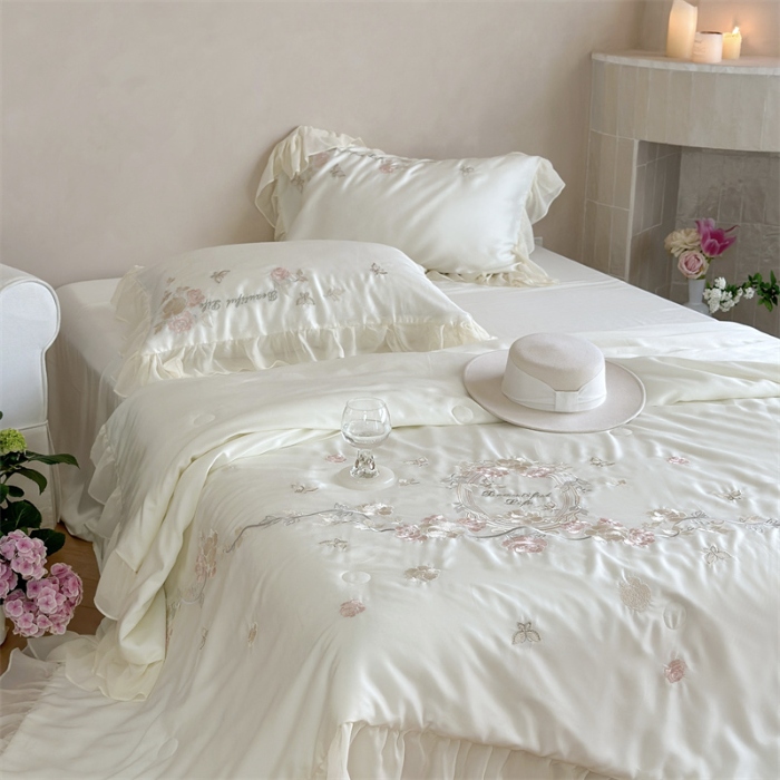 91家纺网 家纺一手货源 找家纺 MIU缪家居  2024新款80支兰精天丝夏被四件套-浪漫主义 白