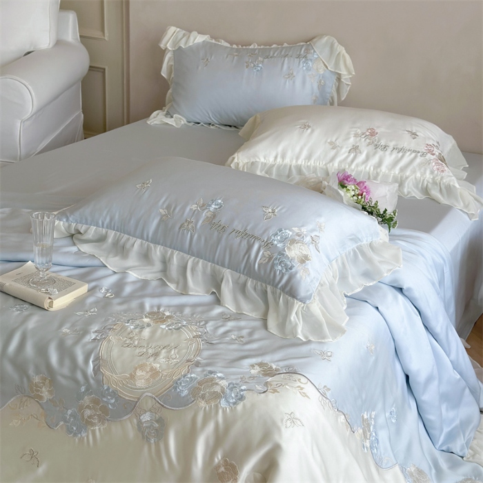 91家纺网 家纺一手货源 找家纺 MIU缪家居  2024新款80支兰精天丝夏被四件套-浪漫主义 蓝