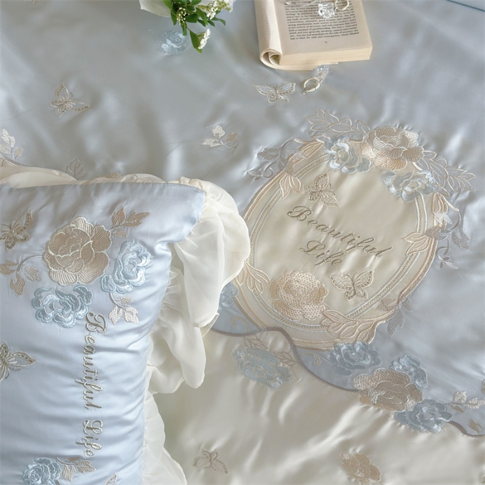 91家纺网 家纺一手货源 找家纺 MIU缪家居  2024新款80支兰精天丝夏被四件套-浪漫主义 蓝