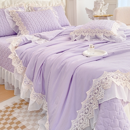 91家纺网 家纺一手货源 找家纺 （总）A类糯小棉蕾丝雪纺床盖款夏被四件套 法式大花边三件套爱丽丝系列夏凉被空调被