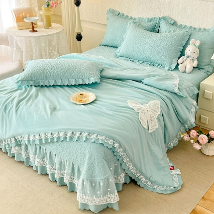 91家纺网 家纺一手货源 找家纺 2025韩版少女心法式公主风水洗棉蕾丝花边夏被床盖款四件套泡泡棉小竺棉凉蝴蝶结夏被床盖款四件套 