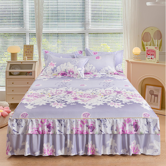 91家纺网 家纺一手货源 找家纺 小雨家纺 2026新款芦荟棉单件床裙+床裙三件套 爱的花海紫