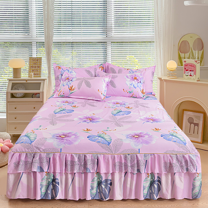 91家纺网 家纺一手货源 找家纺 小雨家纺 2026新款芦荟棉单件床裙+床裙三件套 阳光花朵粉