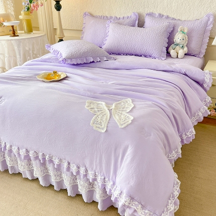 91家纺网 家纺一手货源 找家纺 （总）2025韩版少女心法式公主风水洗棉蕾丝花边夏被床盖款四件套泡泡棉小竺棉凉蝴蝶结夏被床盖款四件套