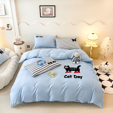 91家纺网 家纺一手货源 找家纺 （总）其奥家纺 2025新款毛巾绣全棉四件套纯棉学生三件套-款式二