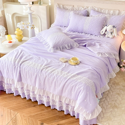 91家纺网 家纺一手货源 找家纺 苏米娜2024韩版少女心法式公主风水洗棉蕾丝花边绣花夏被床盖款四件套泡泡棉小竺棉凉感丝夏被床盖款四件套 