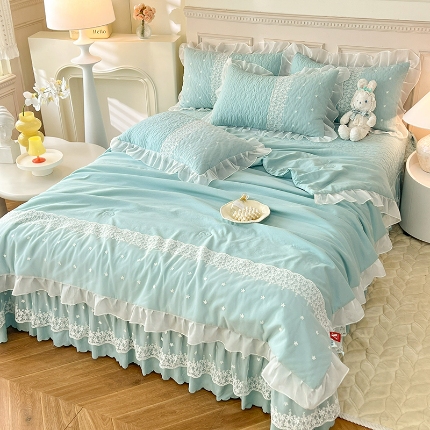 91家纺网 家纺一手货源 找家纺 苏米娜2024韩版少女心法式公主风水洗棉蕾丝花边绣花夏被床盖款四件套泡泡棉小竺棉凉感丝夏被床盖款四件套 