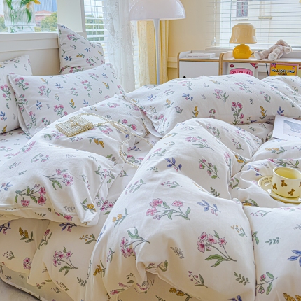 91家纺网 家纺一手货源 找家纺 （总）苏东来 2024年高端AA版全棉有氧双层纱四件套小清新纯棉长绒泡泡棉小竺棉磨毛印花四件套