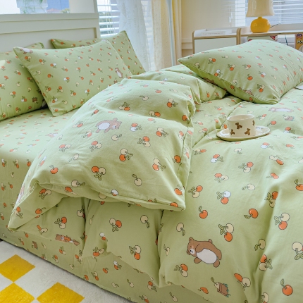 91家纺网 家纺一手货源 找家纺 （总）苏东来 2024年高端AA版全棉有氧双层纱四件套小清新纯棉长绒泡泡棉小竺棉磨毛印花四件套