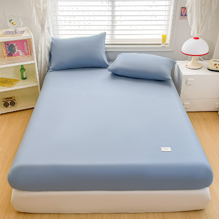 91家纺网 家纺一手货源 找家纺 莎臣豹 2025新款纯色原棉无印风单品床笠和床笠三件套 雾霾蓝