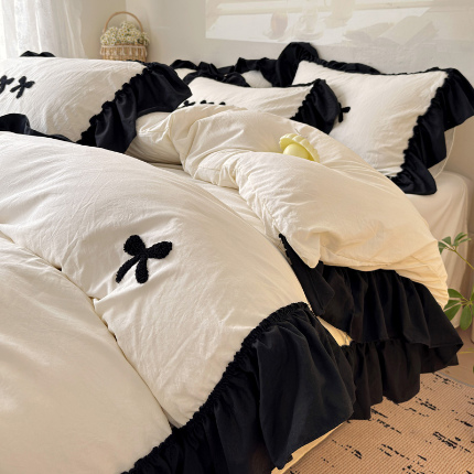 91家纺网 家纺一手货源 找家纺 （总）富米莱（原臻工厂） 2024新款法式毛巾绣花边水洗棉四件套