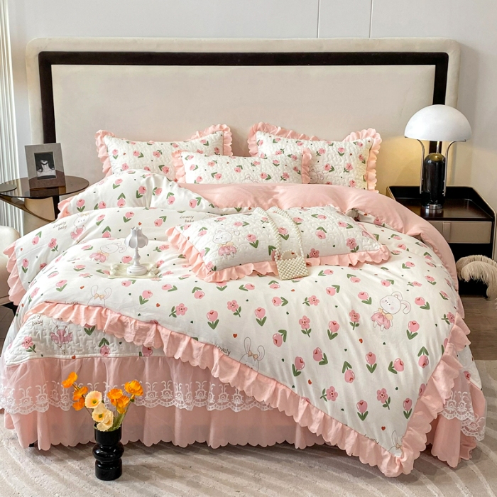 91家纺网 家纺一手货源 找家纺 苏米娜2024大版花卉磨毛四件套双层纱羊绒棉麻小竺棉泡泡纱床盖款四件套