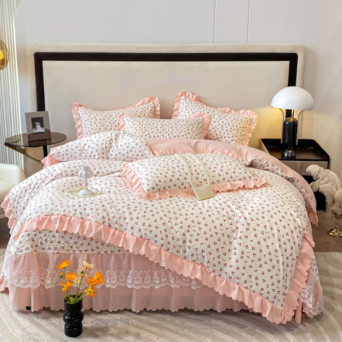 91家纺网 家纺一手货源 找家纺 A类水洗棉麻双层纱床盖款被套四件套夹棉床裙蕾丝花边纯棉全棉夏凉床盖夏被